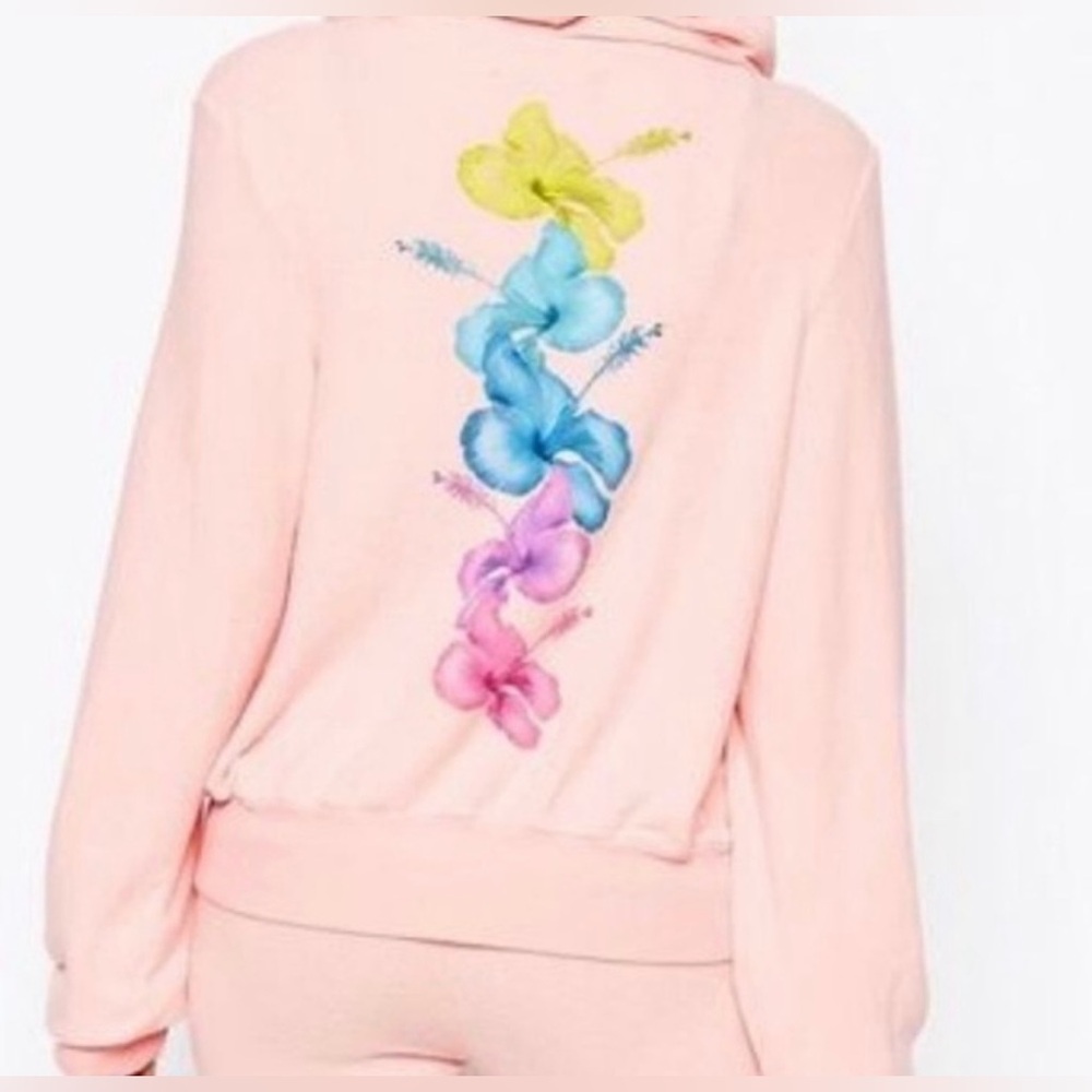 NWT Wildfox Couture Pink Malibu Hoodie with rainbow Hibiscus Design Size M
